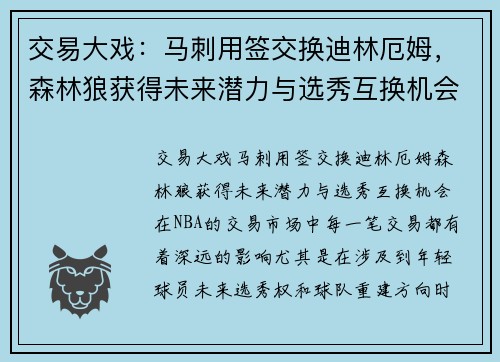 交易大戏：马刺用签交换迪林厄姆，森林狼获得未来潜力与选秀互换机会