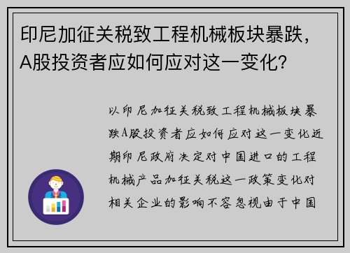 印尼加征关税致工程机械板块暴跌，A股投资者应如何应对这一变化？