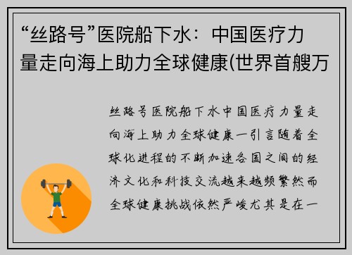 “丝路号”医院船下水：中国医疗力量走向海上助力全球健康(世界首艘万吨级医院船)