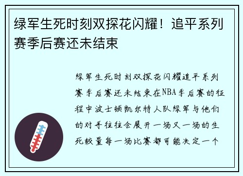 绿军生死时刻双探花闪耀！追平系列赛季后赛还未结束