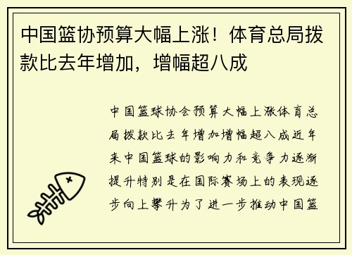 中国篮协预算大幅上涨！体育总局拨款比去年增加，增幅超八成