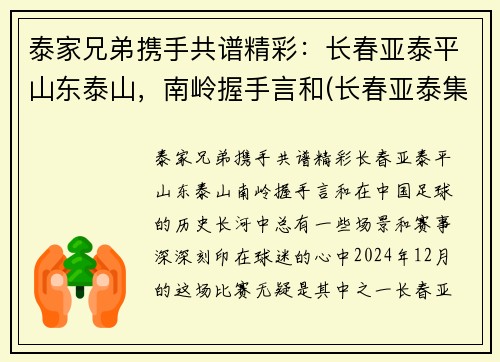 泰家兄弟携手共谱精彩：长春亚泰平山东泰山，南岭握手言和(长春亚泰集团创始人)