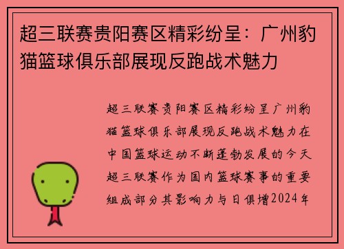 超三联赛贵阳赛区精彩纷呈：广州豹猫篮球俱乐部展现反跑战术魅力